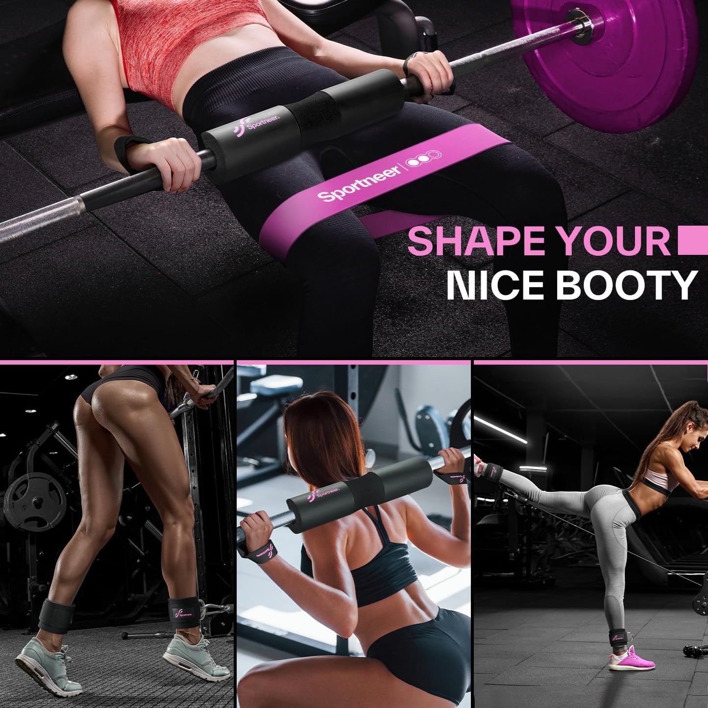 Sportneer Barbell Pad Set: 10 Pcs Squat Pad for Hip Thrusts, Lunges, Leg Day, Standard Olympic Bars with 2 Ankle Straps, 2 Lifting Straps, 3 Resistance Bands, Barbell Pad, Workout Poster and Carry Bag