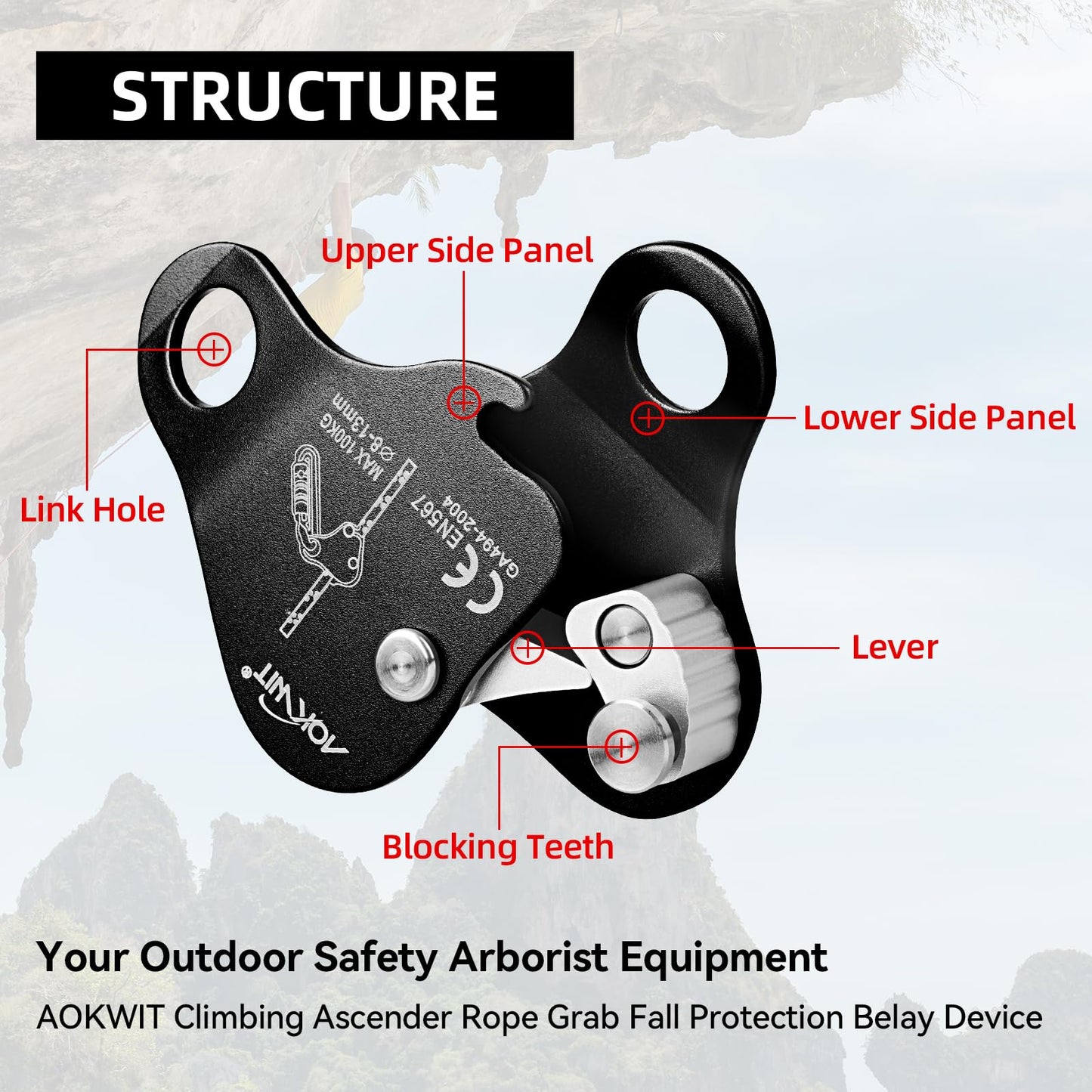 AOKWIT Climbing Ascender Fall Protection Belay Device Climbing Rope Grab for Rock Climbing Mountaineering Tree Arborist Expedition Caving Rescue Aerial Work (Black)