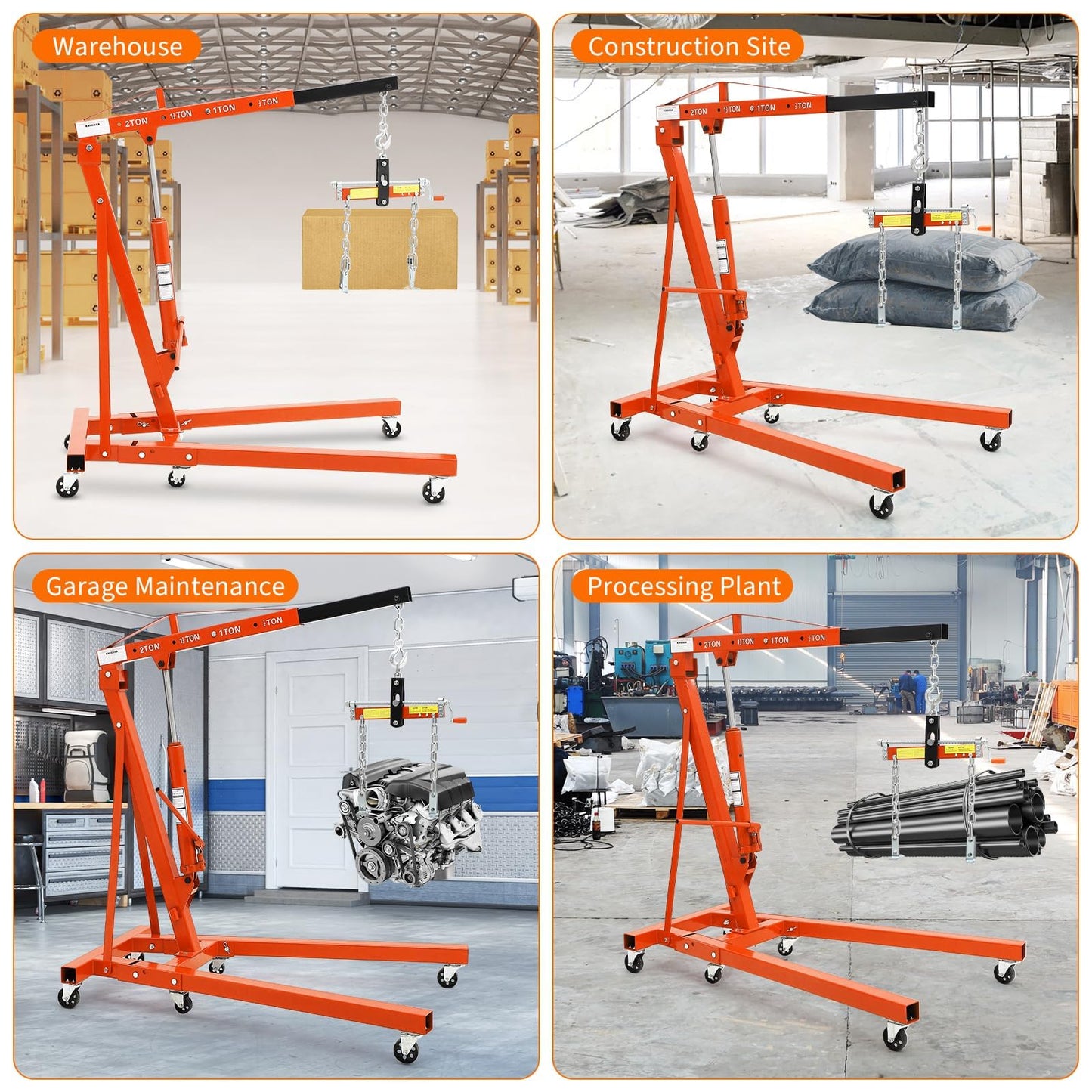 2 Ton Folding Hydraulic Engine Hoist with Load Leveler 4400 LBS Capacity Heavy Duty Cherry Picker 6 Swivel Wheels&Hydraulic Pump Adjustable Boom (0.5T-2T) for Garage Workshop Warehouse Orange