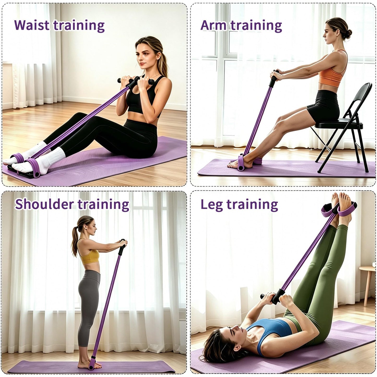Kammoy 6-Tubes Tension Rope, Multifunction Elastic Yoga Pedal Puller Resistance Band, Natural Latex Tension Rope Fitness Equipment, for Abdomen, Waist, Arm, Leg Stretching Slimming Training (Purple)