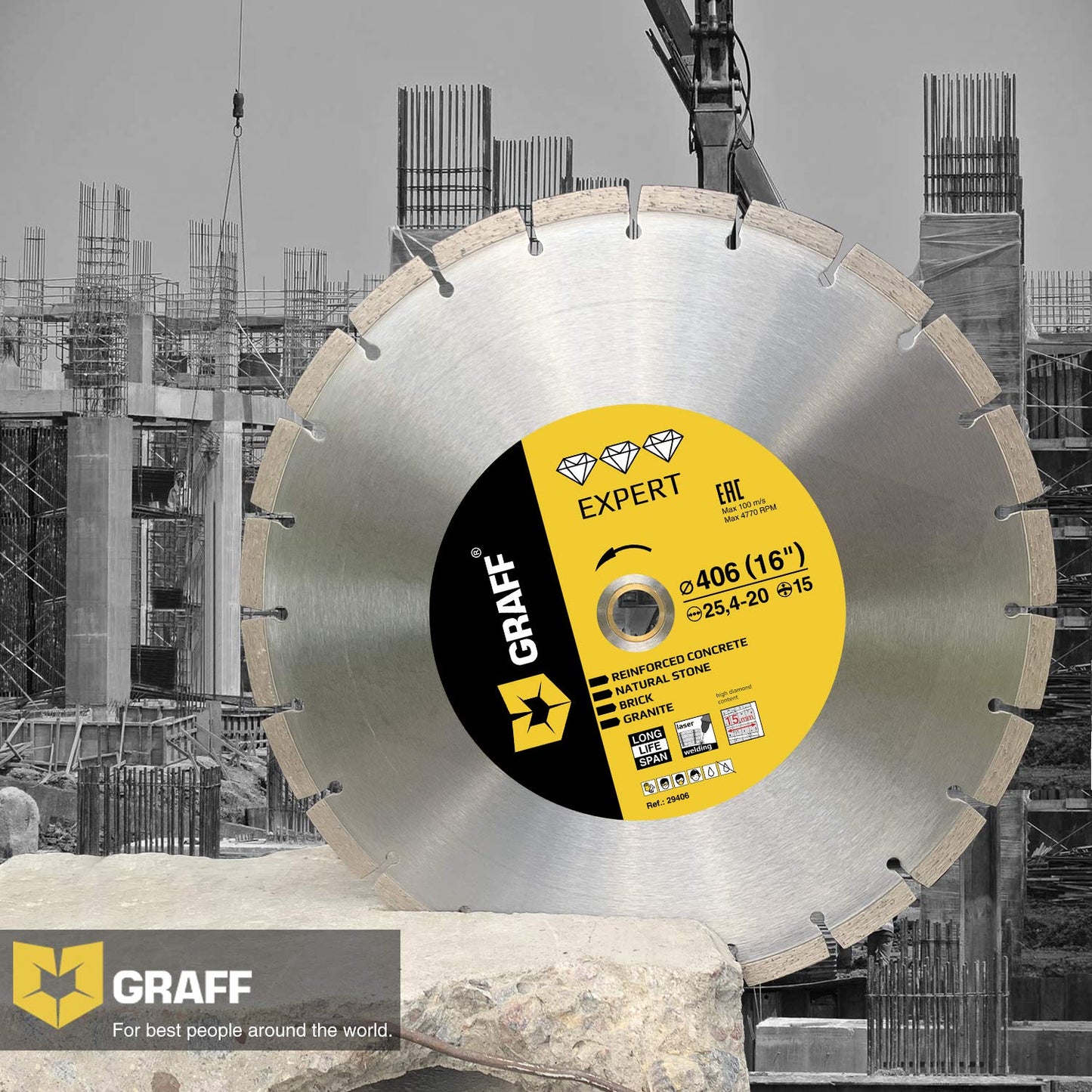 Laser Welded Diamond Blade 16 Inch — Diamond Cutting Wheel for Cutting Reinforced Concrete, Stone, Marble, Granite, Brick, Masonry — Diamond Saw Blade Segment Height 0.591 (15 mm) — GRAFF