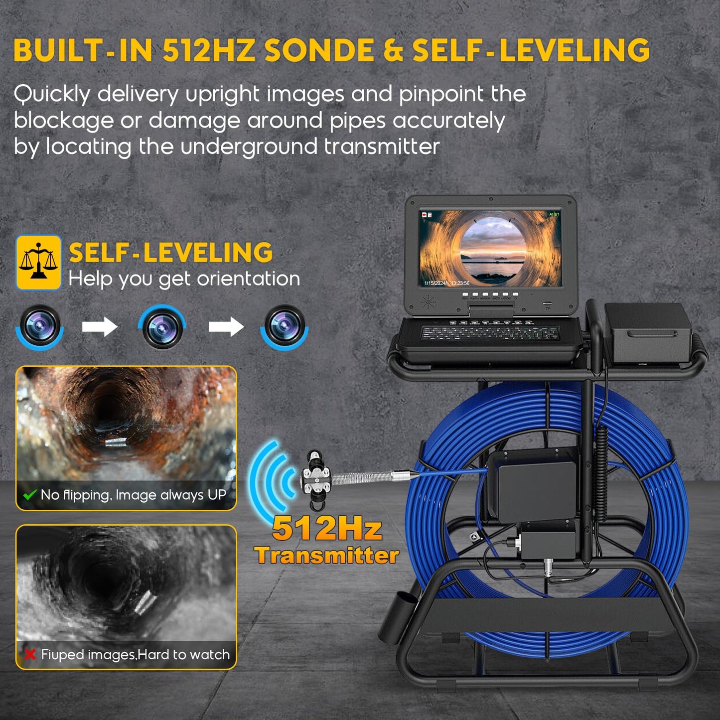 Anysun Sewer Camera 512Hz, Self-Leveling & Distance Counter, 7mm Thicker Cable, Keyboard, 10" IPS Adjustable Monitor,1-Touch Video/Audio, Drain Pipe Inspection Camera IP68 with DVR & 16GB Card - 165Ft