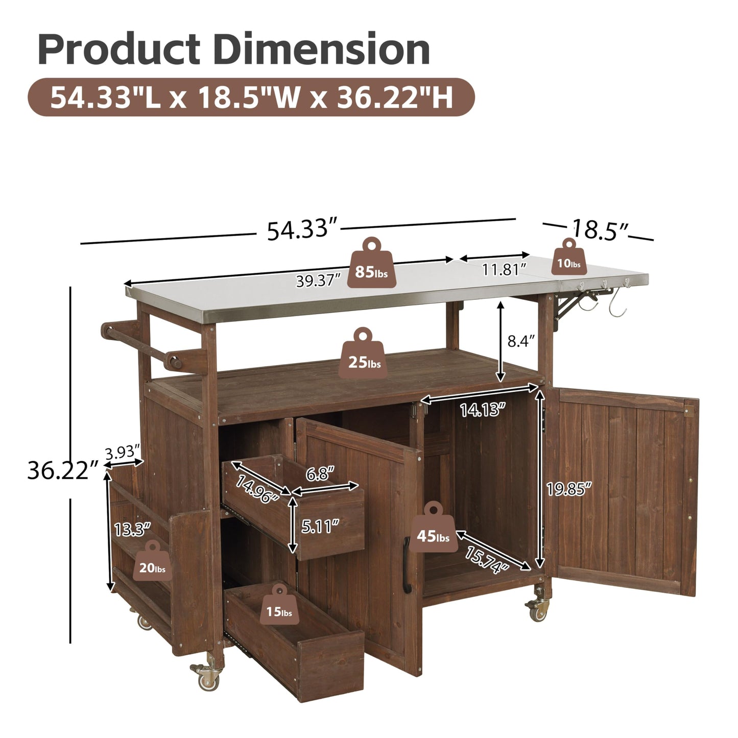 MEETFAV 54" Grill Cart with Stainless Steel Top, Spice Rack, Towel Rack, Lockable Wheels, Multi-Functional Outdoor Kitchen Island with Storage for BBQ, Patio & Kitchen, Brown