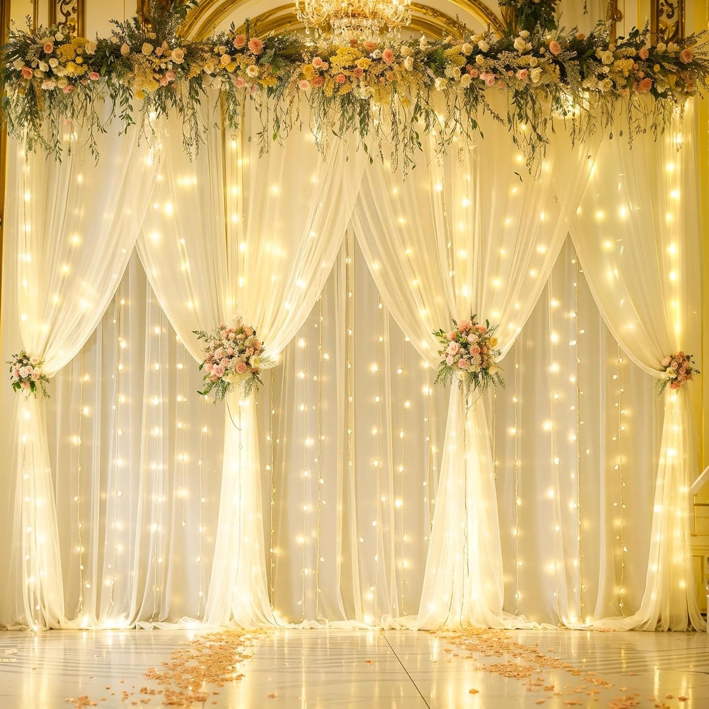 Tao-Ge 10ft 10ft x Champagne Sheer Tulle Backdrop Curtains with Lights String for Party Wedding Wrinkle Free Curtain