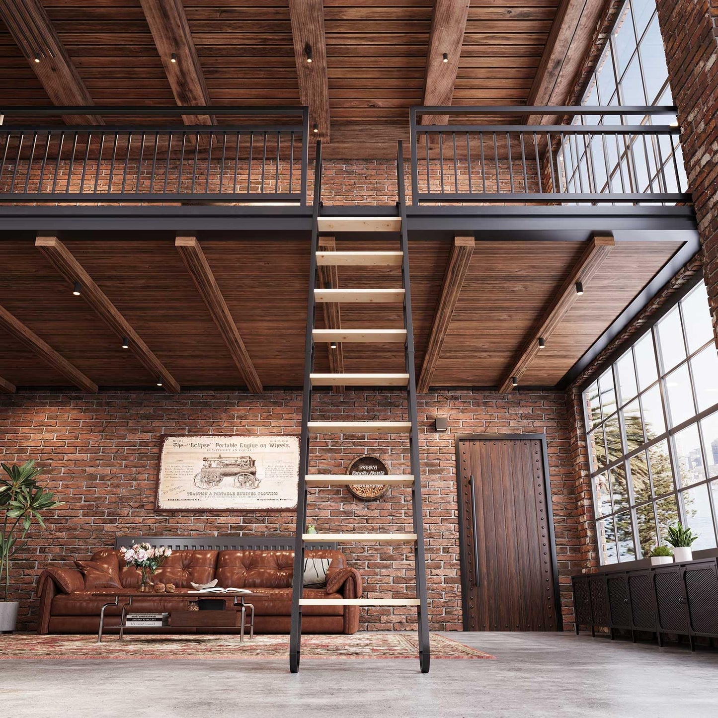 11.35FT Industrial Style Loft Ladder, 9 Steps with Black Steel Handrails & Solid Wood Steps, 450lbs Capacity, Fits 9.2-10FT Installation Height,for Attic, Kitchen, Warehouse,Bookshelf& Outdoor