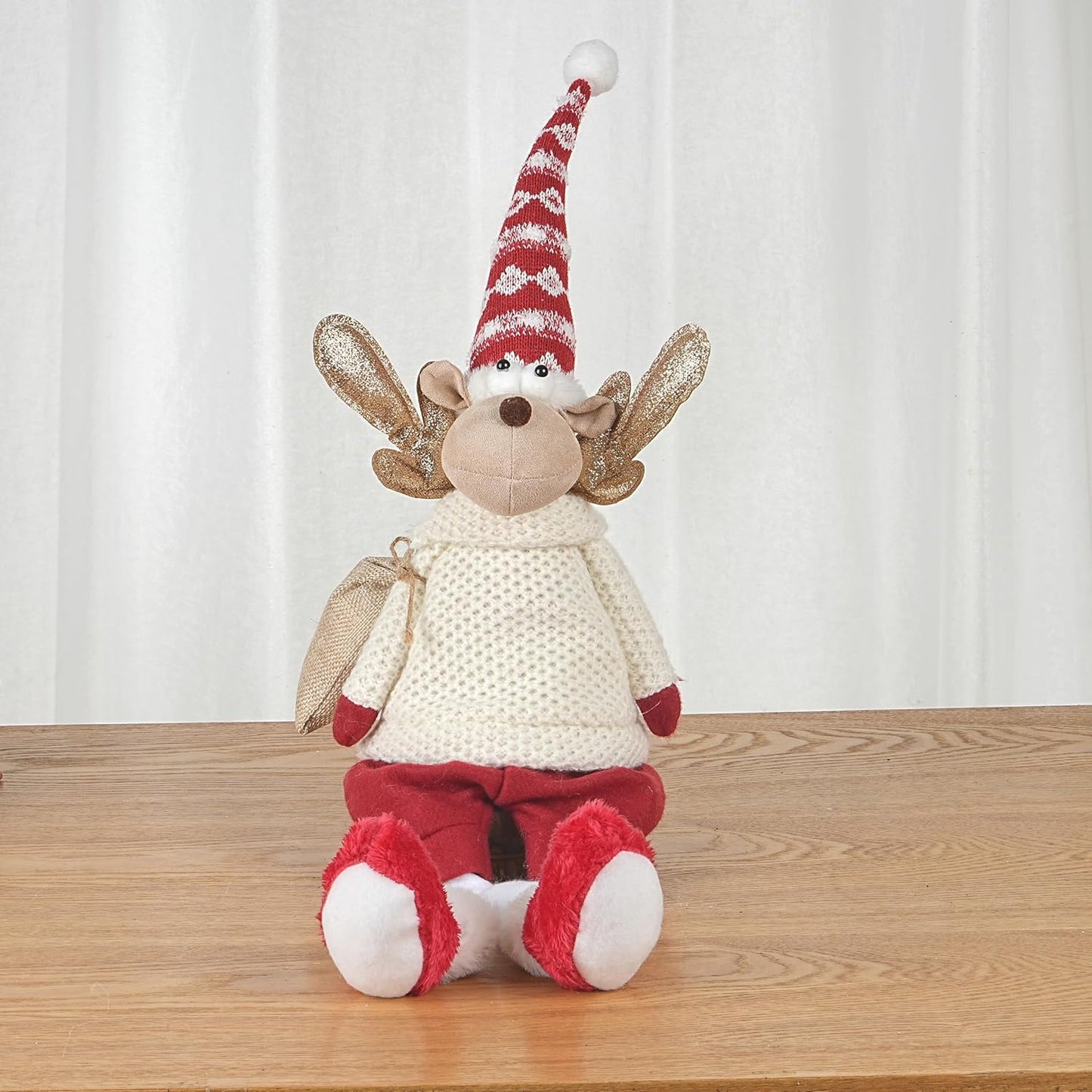 Regine Switzerland Christmas Sitting Reindeer Shelf Sitter Decor - 24 Inch Plush Figurine with Dangling Legs & Weighted Bottom for Holiday Mantel/Tabletop