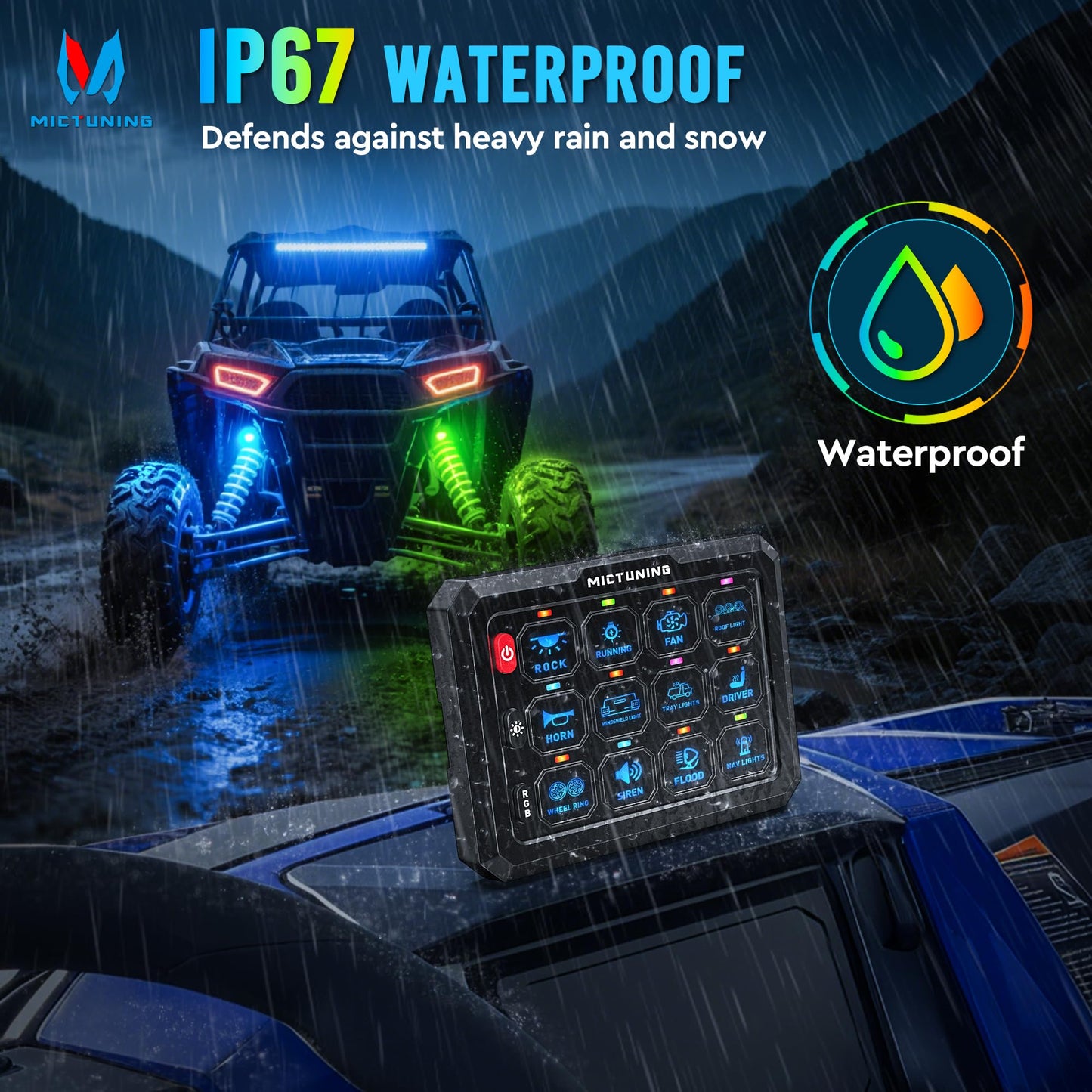 MICTUNING P1C+ RGB 12 Gang Switch Panel, IP67 Waterproof 6 Level Brightness Multifunction Toggle Momentary Flash Strobe Circuit Control Relay System Box for Off Road Truck SUV UTV RV