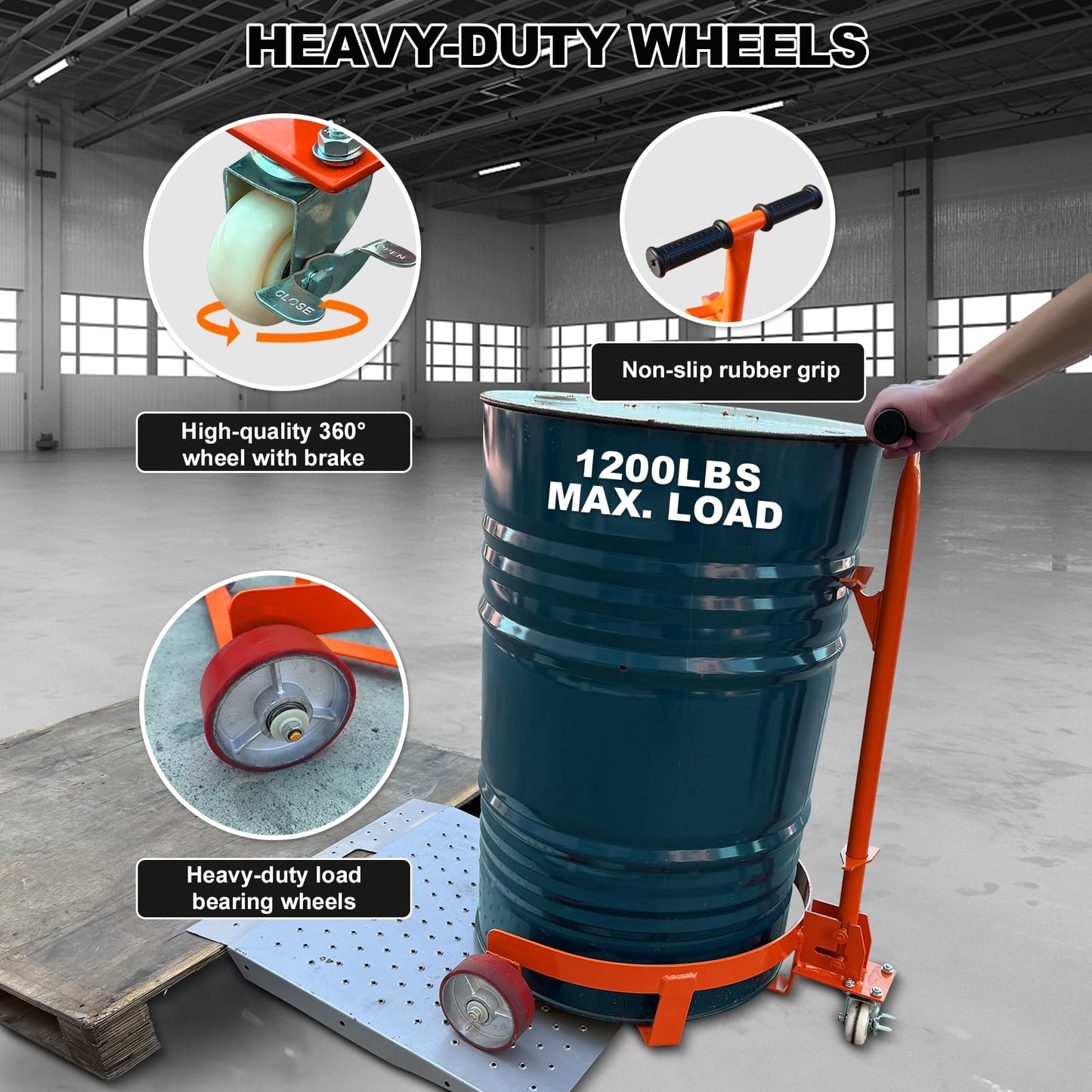 55 Gallon Drum Dolly Heavy Duty, 1200 lbs Capacity Barrel Cart with Adjustable Handle & Locking Caster, Low Profile Steel Drum Truck for Industrial, Warehouse, Workshop Use-Orange