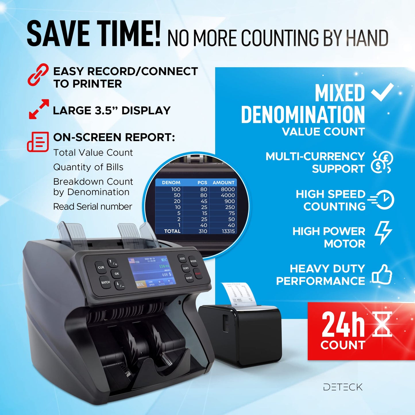 DETECK DETECK DT600 Bank Grade Money Counter Machine Mixed Denomination, Multi Currency Value Counting Money Machine, Serial Number, 2CIS/UV/IR/MG/MT Counterfeit Detection with DT50P Printer