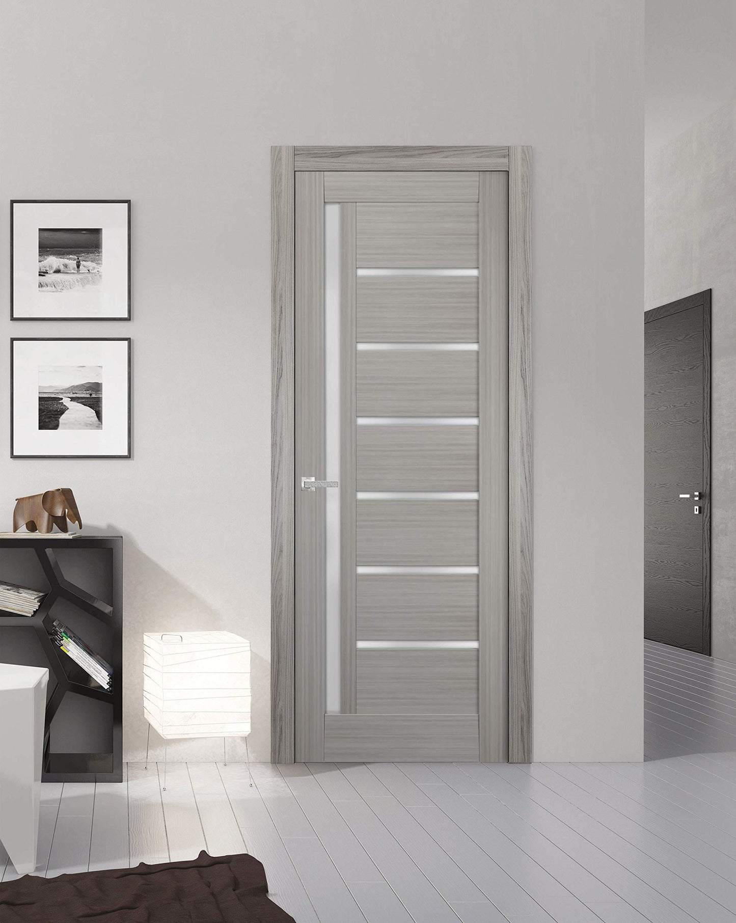 SARTODOORS Solid French Door Frosted Glass | Quadro 4088 Grey Ash | Single Regular Panel Frame Trims Handle | Bathroom Bedroom Sturdy Doors -36" x 96"