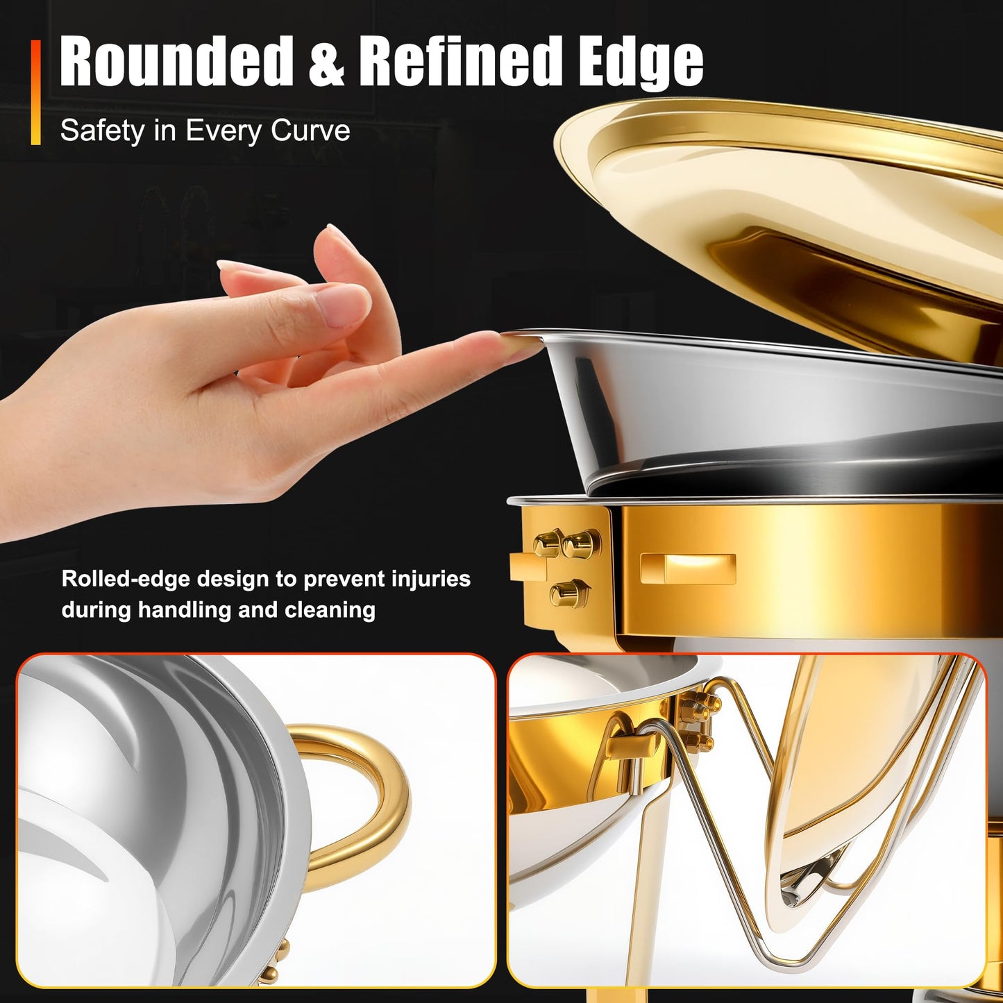 Chafing Dishes Buffet Food Warmer - Parties Servers Trays Catering Dish Warming Display Set - Chafers Keep Warm Serving Tray Round Heating Kit with Burners 4 Set Gold