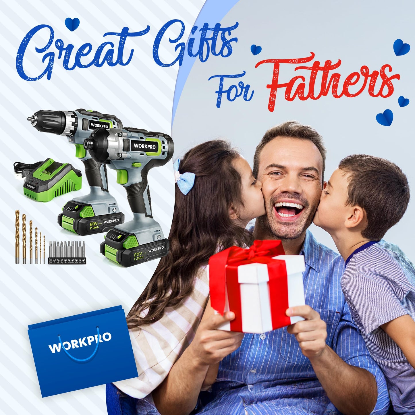 WORKPRO 20V Cordless Drill Combo Kit, Drill Driver and Impact Driver with 2x 2.0Ah Batteries and 1 Hour Fast Charger