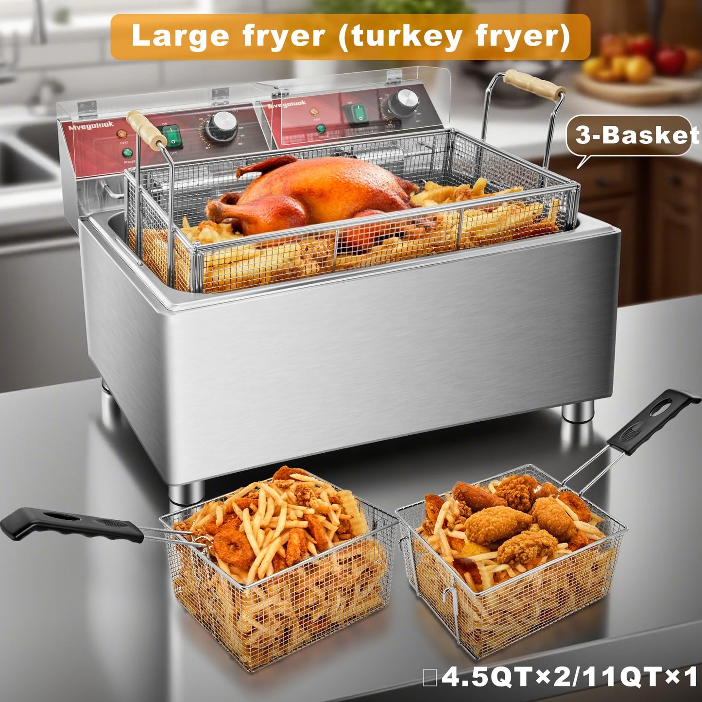 Mvegoiuok Electric Large Deep Fryer With 3 Basket 3600W Commercial Turkey Fryer Pot With Oil Filtration Lid 25QT Stainless Steels Frier for Home Use Oil Fryer