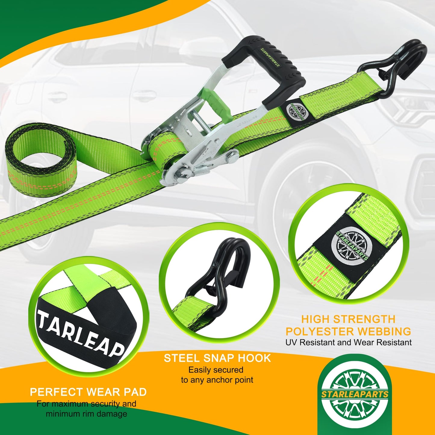 STARLEAPARTS Retractable Ratchet Straps(4PK) - 1,500lb Break Strength, Ratchet Straps Heavy Duty with Rubber Coated Handle, Perfect Auto Ratchet Straps for Motorcycle, Kayak and Trucks