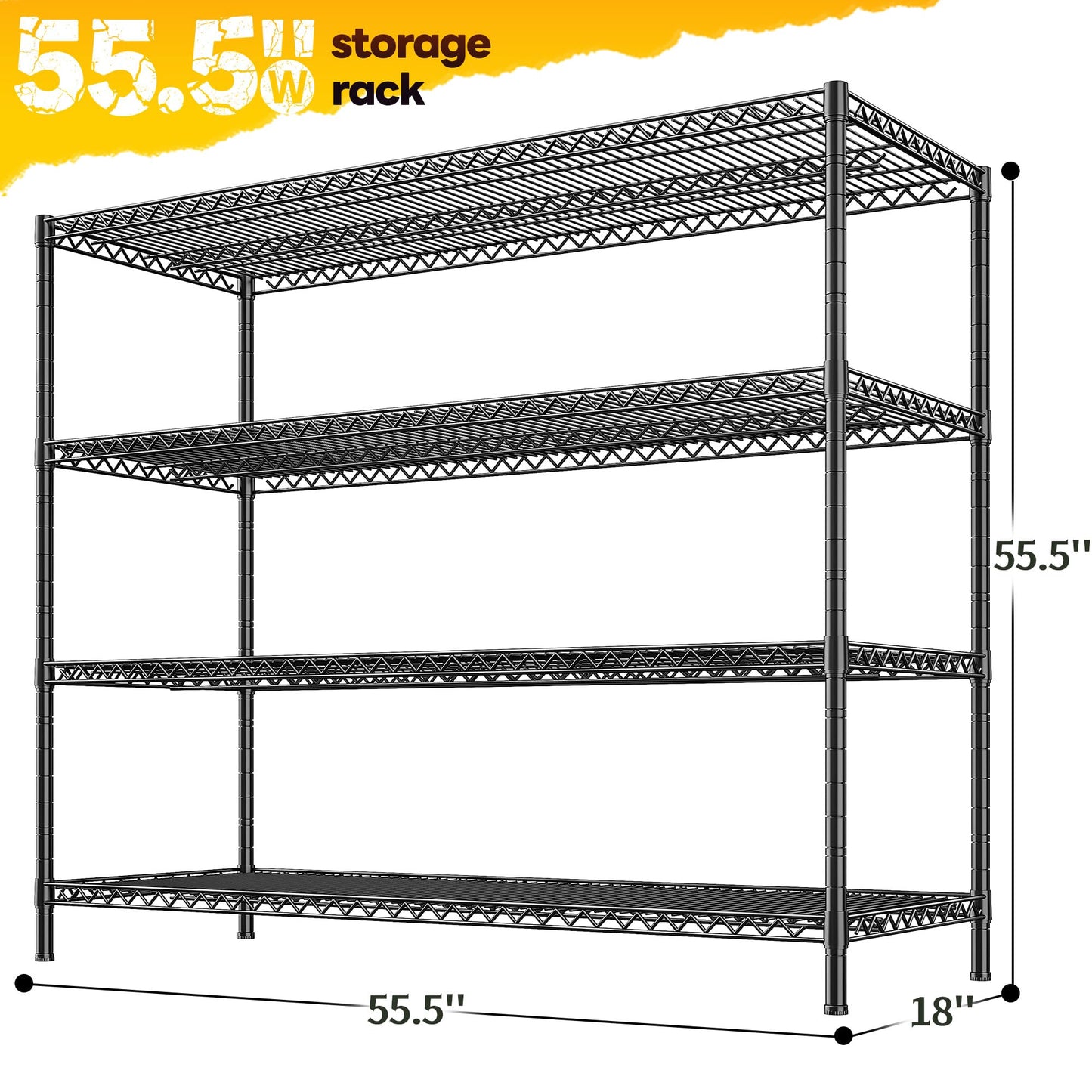 REIBII 55.5" W Storage Shelves 2560LBS Metal Shelving 4 Tier Wire Shelving Unit Garage Shelving Heavy Duty Metal Shelves for Storage Rack Commercial Adjustable Pantry Shelf, 55.5" W X 18''D X 55.5" H