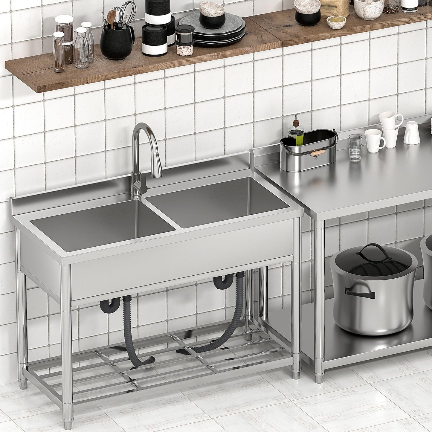 GGW 2-Compartment Commercial Sink, Stainless Steel Utility Sink with Pull-out Faucet, Free Standing Double Bowl Kitchen Sink for Restaurant, Garage, Shop, Cafe, Outoor, 21.7"D x 47.2"W x 37"H