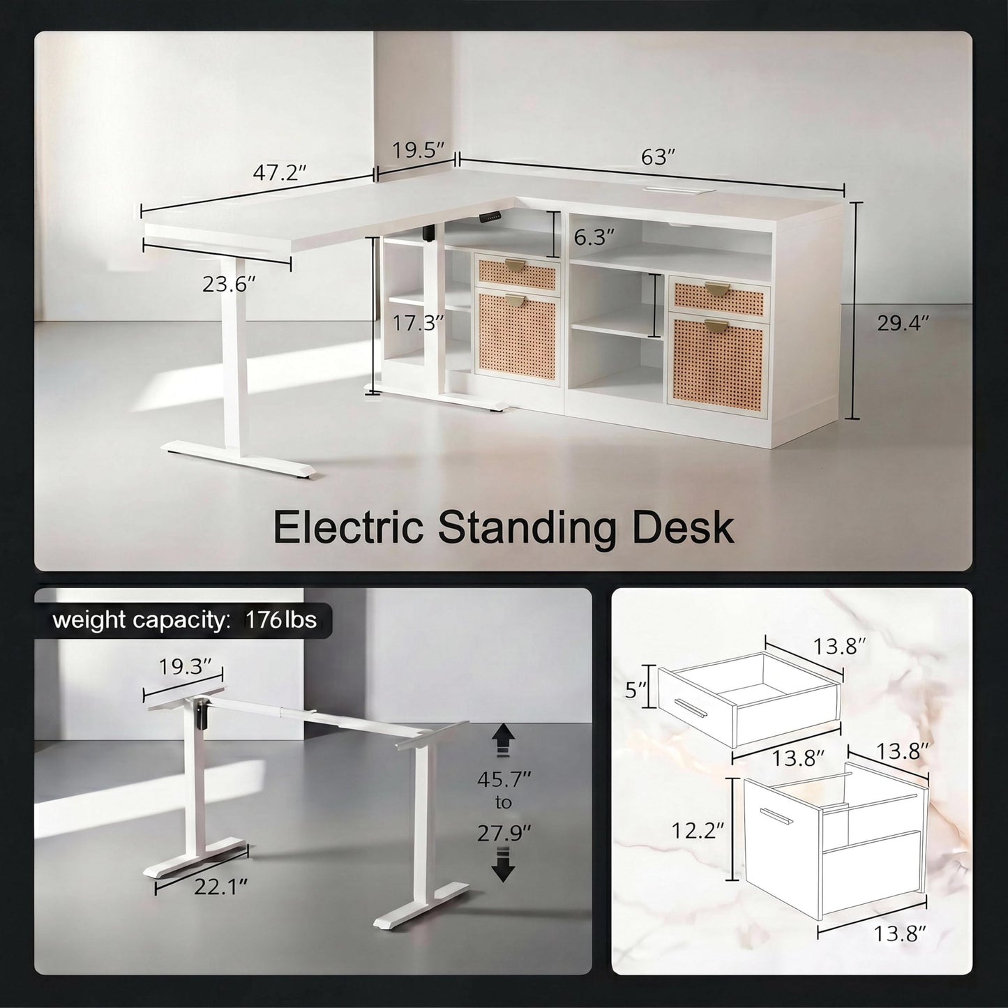 ModernMate 67" L Shaped Electric Standing Desk with 4 Drawers, Corner Executive Workstation with 2 File Cabinets, Height Adjustable with AC/USB for Home Office, 1.18" One-Piece Desktop, White Rattan