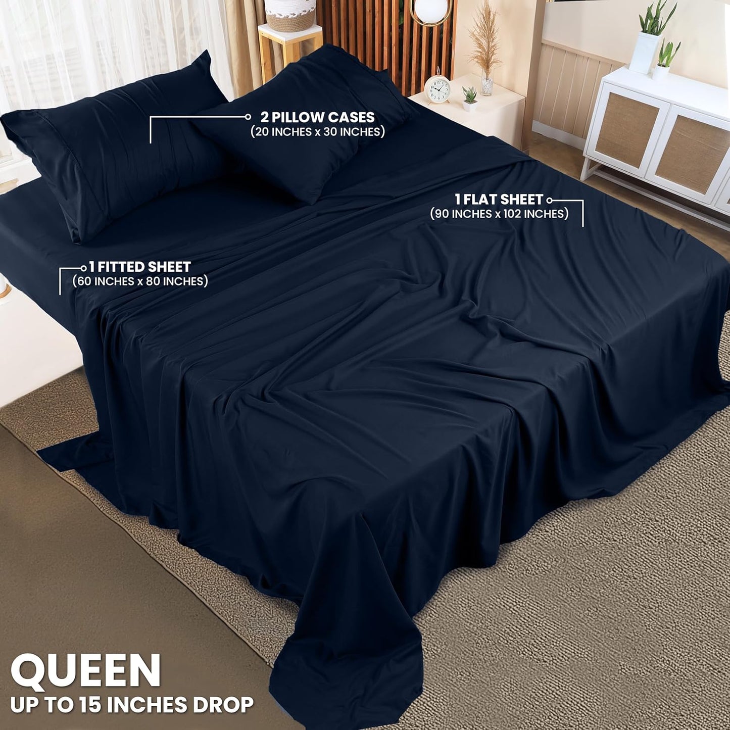 Utopia Bedding Queen Size Sheet Set - Soft & Breathable 4-Piece Microfiber Bedding | Navy Color