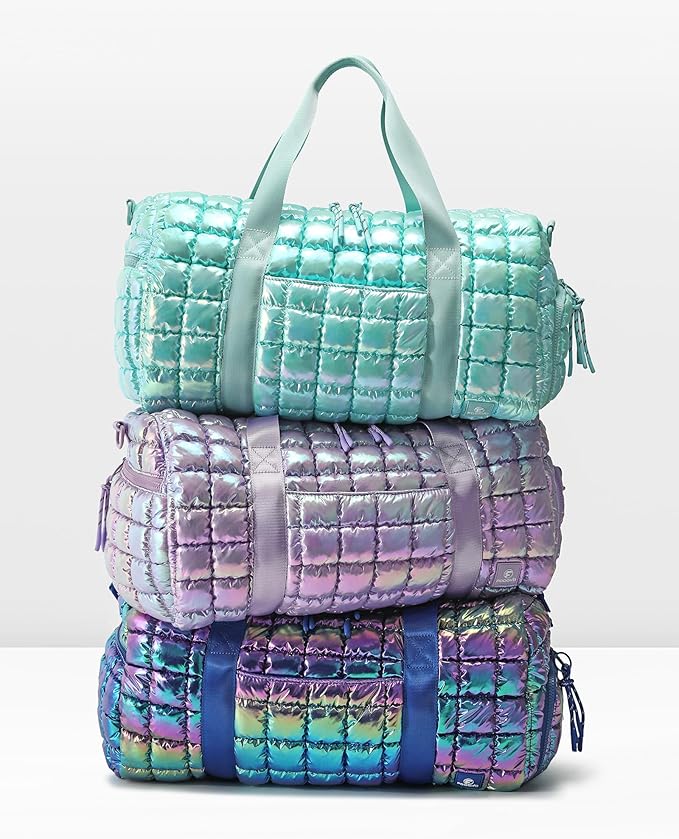 Quilted Duffel Bag for Women, Puffer Gym Duffle Bag with Shoe Compartment Lightweight Large Crossbody Sport Travel Bag Tote Blue Glacier