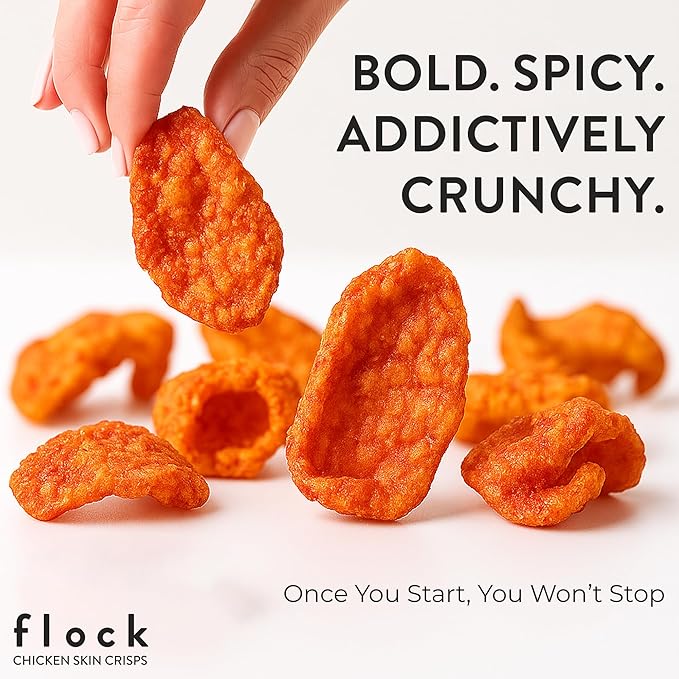 Flock Keto Chicken Skin Chips | Hattie Bs Nashville Hot Flavor | Keto Friendly, Low Carb, High Protein, Flavor Packed, Gluten Free Single Serve Snack | (2.5oz) 4-Pack
