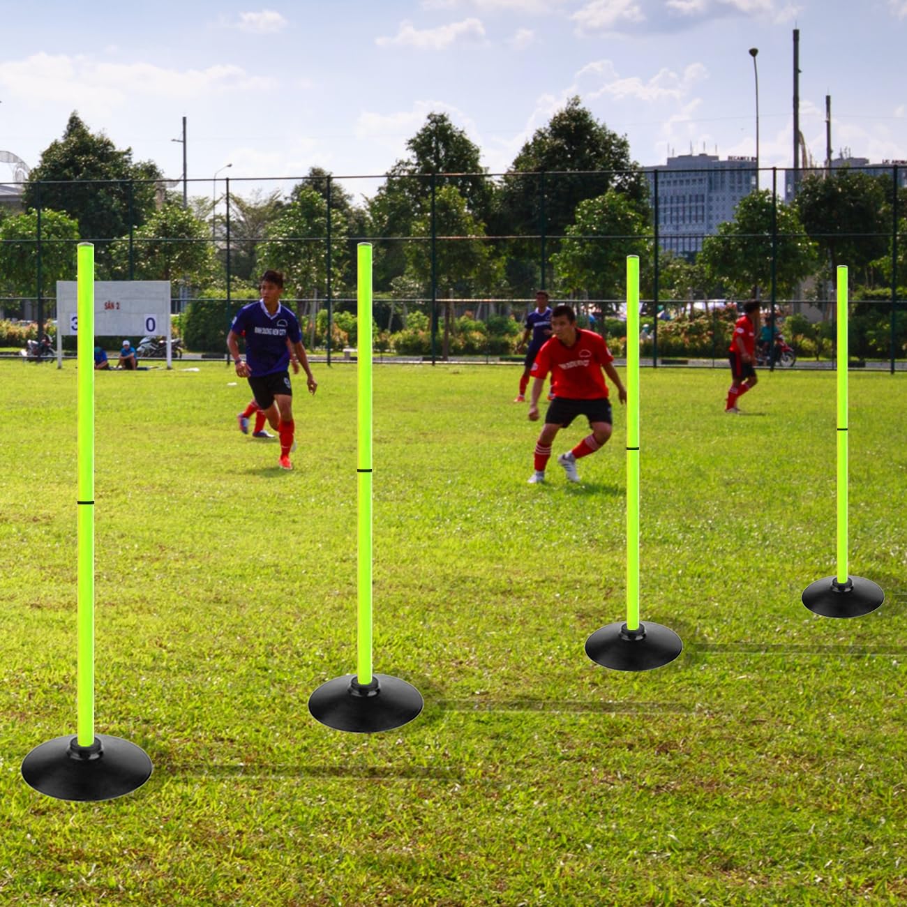 ASENVER Fluorescent Green Soccer Agility Poles Set Detachable Sports Trainning Speed Pole Slalom Poles with Rubber Base Sport Traning Equipment (Pack of 6, 3.3 FT)