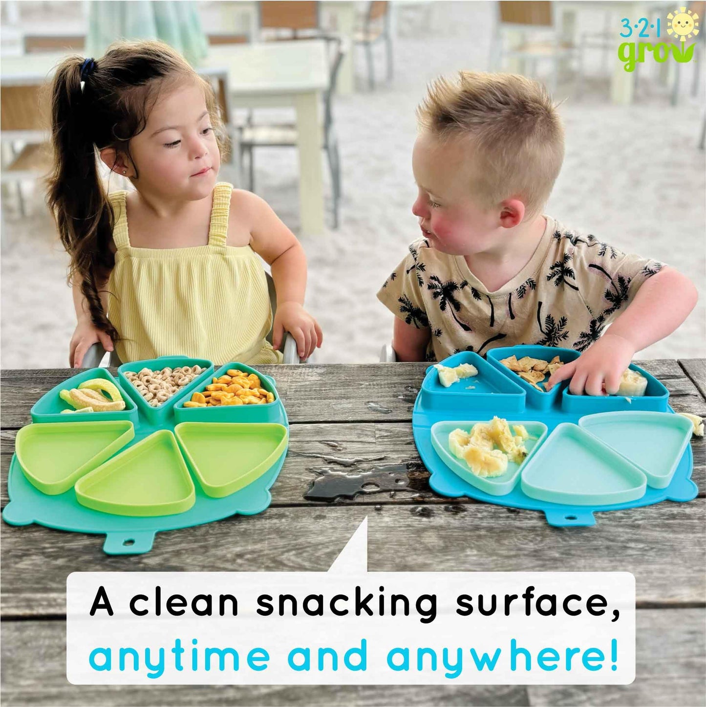 321 Grow Silicone On-The-Go Snack Mat – Foldable Reusable Placemat with 3 Compartments and Lids – Travel-Friendly Baby and Toddler Snack Plate – Dishwasher Safe (Aqua)