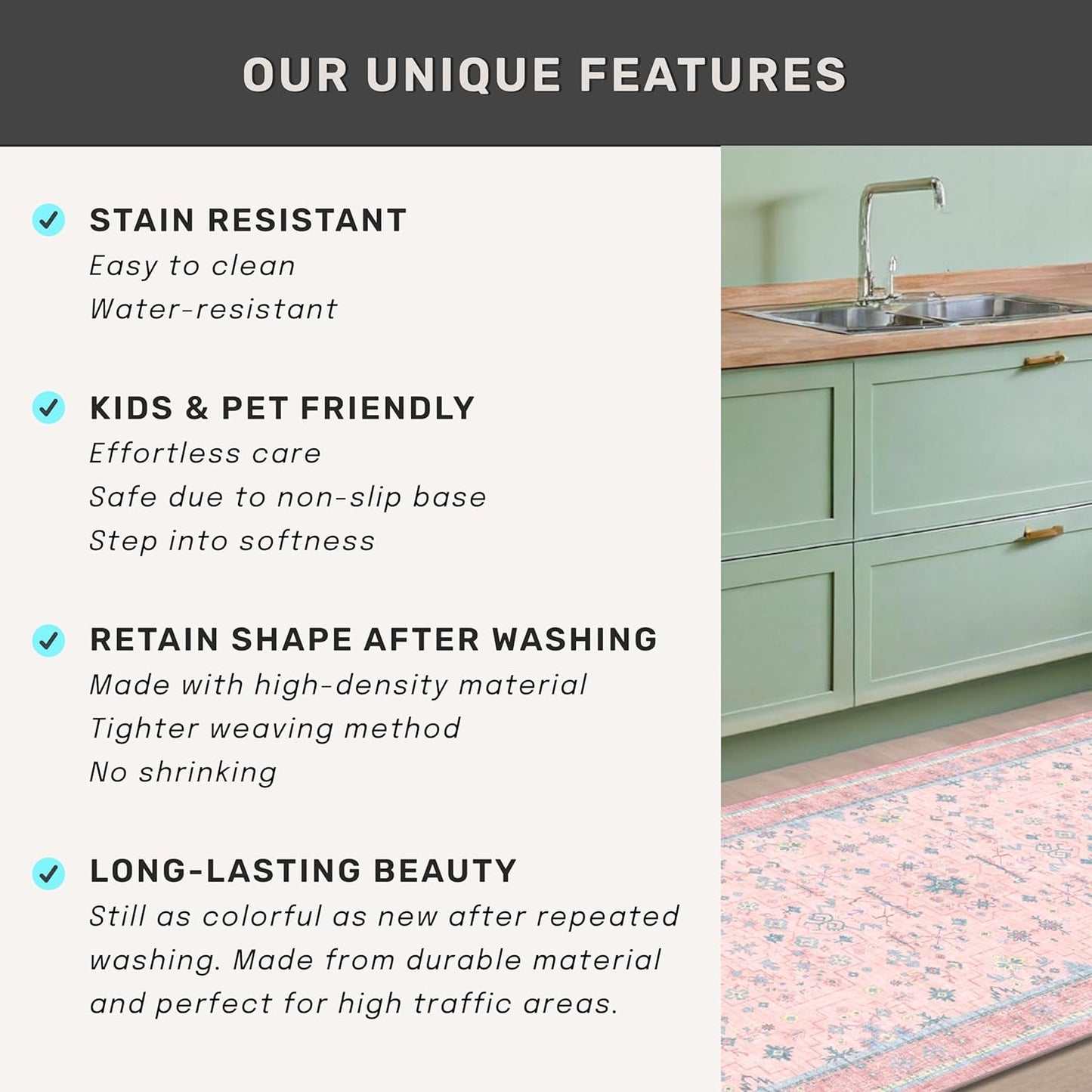 Oushak Rugs | Washable 8x10 Pink and Blue Floral Design | Soft Faux Wool, Non-Slip, Stain Resistant for Bedroom & Living Room
