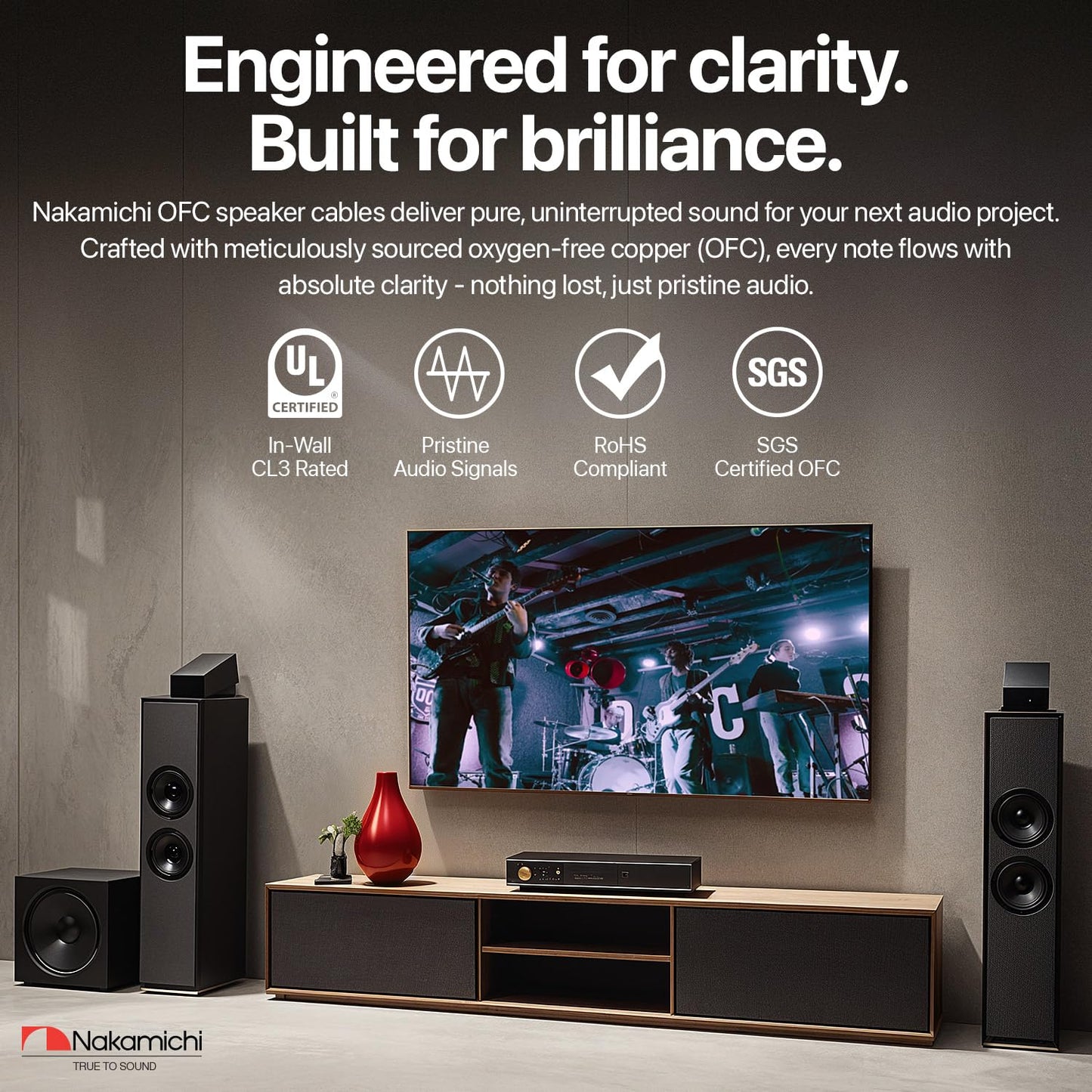 Nakamichi 10/2 (100-Foot) in-Wall & Direct Burial (UL CL2 CL3 Rated) Oxygen-Free Copper (OFC) 2-Conductor Speaker Cable Wire, Outdoor In-Ground, in-Ceiling, Riser, Black (10AWG / 100ft / 30.48m)