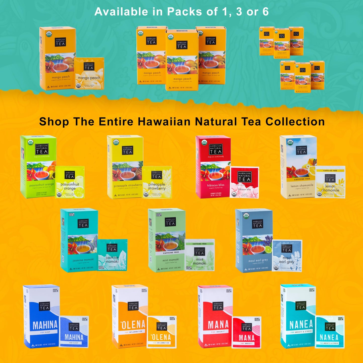Hawaiian Natural Tea Mango Peach Flavored Organic Tea - Tropical Fruit Green and Black Tea Blend - Perfect Daily Cup & Gift for Special Occasions - 120 Tea Bags
