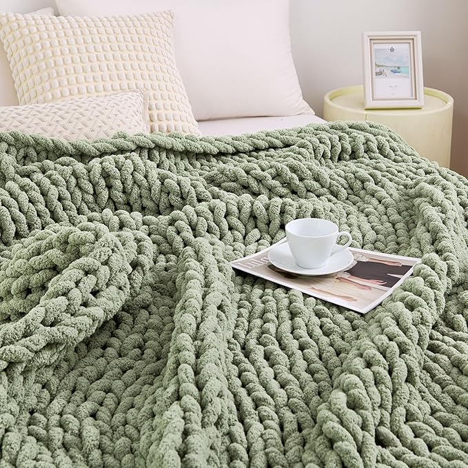 Admitrack Chunky Knit Blanket Throw, 100% Hand Knit Chenille Throw Blanket for Sofa & Home Decor, Soft and Cozy Knitted Throw Blankets (Sage Green, 60"x80")