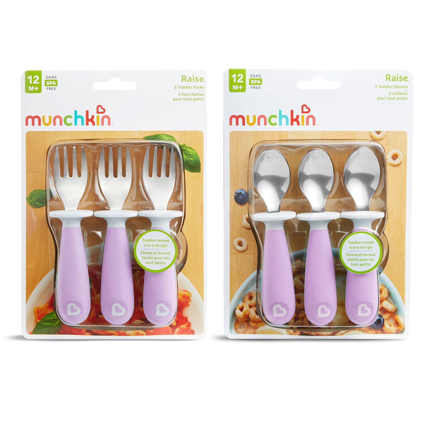 Munchkin® Raise™ Toddler Fork and Spoon Utensil Set, Rest Keeps Tip Off Table, BPA Free, 6 Pack, Purple