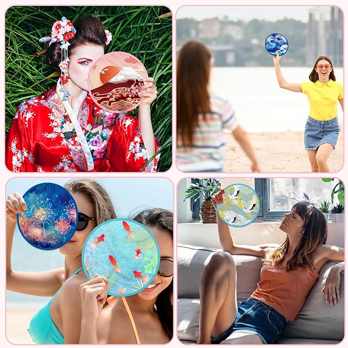 Mototo Foldable Flying Disc Fans, 30PCS Japanese Foldable Disc Fan 8 Inch Pop up Round Collapsible Hand Fan Bulk with Pouch for Women Purse Travel Beach Game Wedding Party Favor Decoration, 6 Style