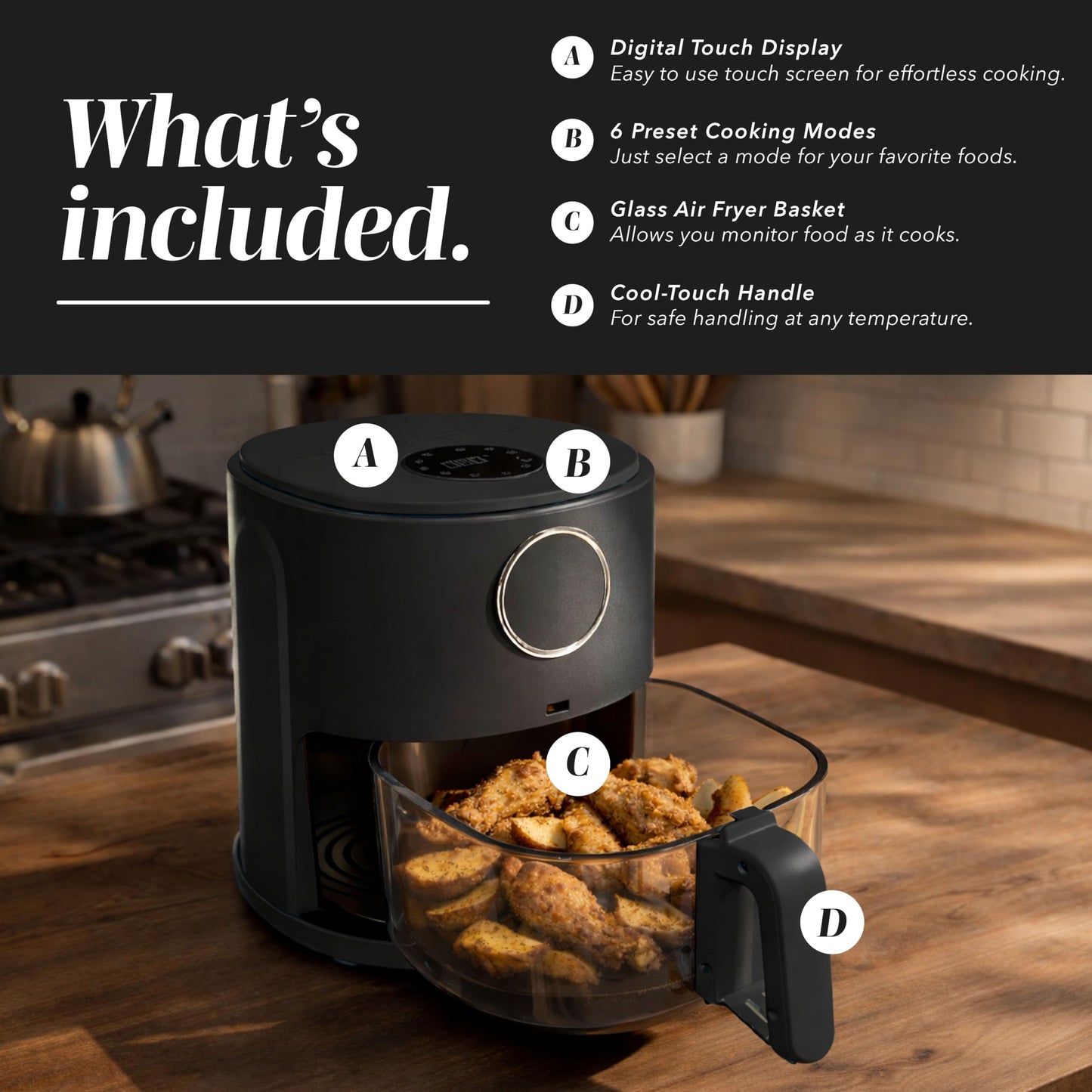 COOK WITH COLOR Colorful 1200W 4Qt Air Fryer: Glass Basket, Dishwasher Safe, 60min Timer, 6 Presets, Temp Control 175F-400F, 4 QT, Black