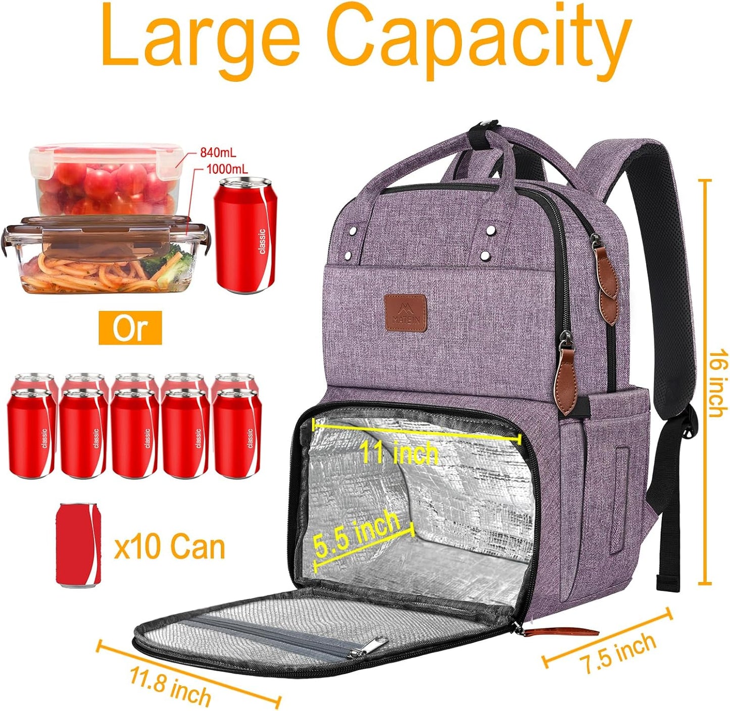 Backpack Backpacks 15.6 inch MATEIN Laptop with Lunch Box, Insulated Women with Cooler Compartment, Fits Laptop Water