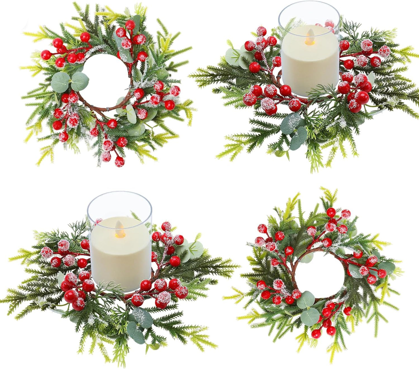 Skiennix Christmas Candle Rings - Mini Wreaths with Red Berries | 4-Pack 2.76-Inch Snowy Pine Decor