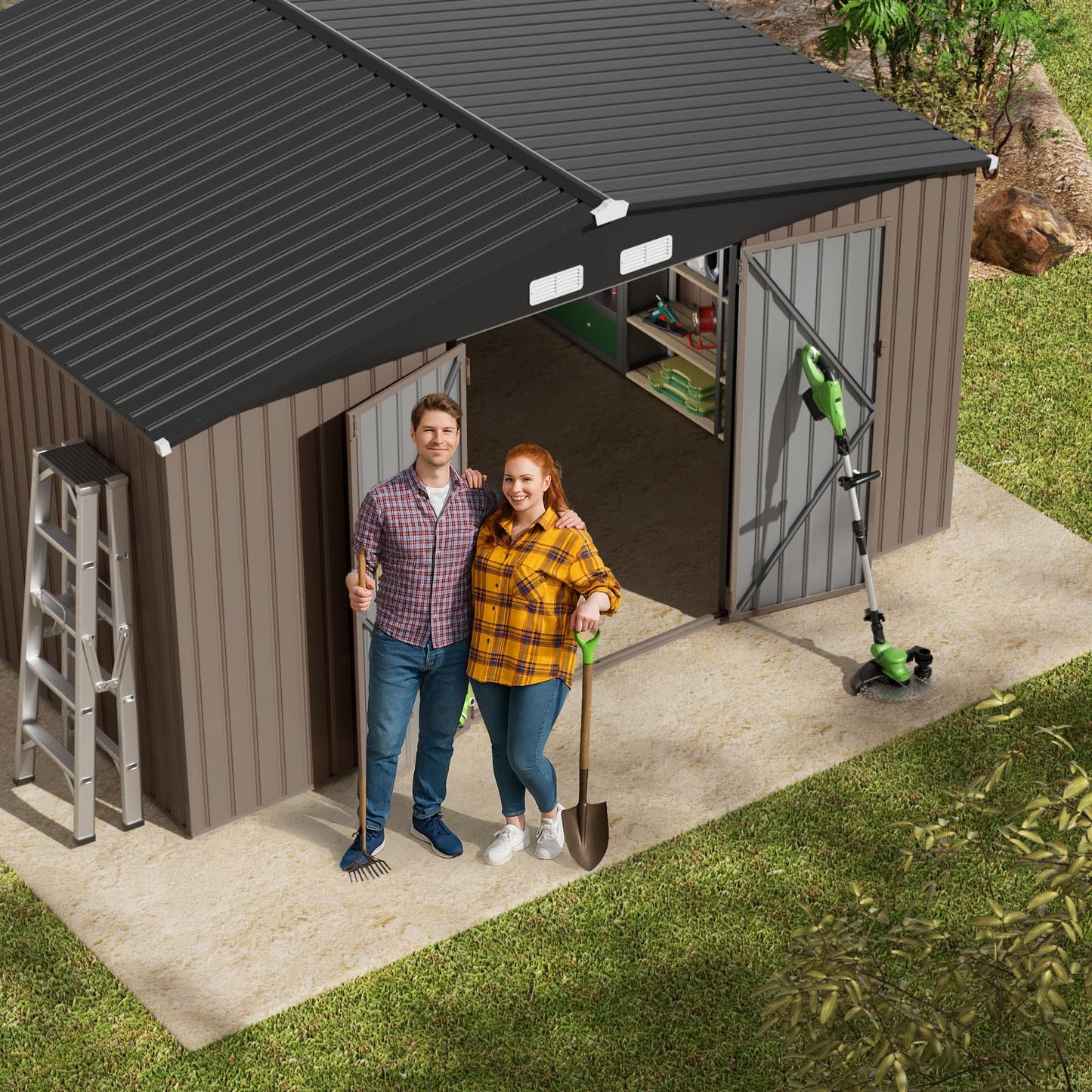 GVDV 12x10 FT Outdoor Metal Storage Shed, Durable Garden Shed with Reinforced Sidewall Girts & Updated Frame Structure, All-Weather Shelter for Backyard, Patio, Tool, Bike Storage