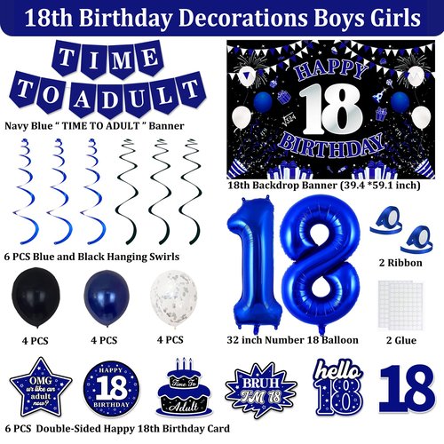 18th Birthday Decorations for Boys Girls, Blue Black Happy 18th Birthday Party Decorations, Time To Adult Birthday Banner, Foil Balloons 18, Backdrop, Balloons, Hanging Swirls, Birthday Card Set 43pcs
