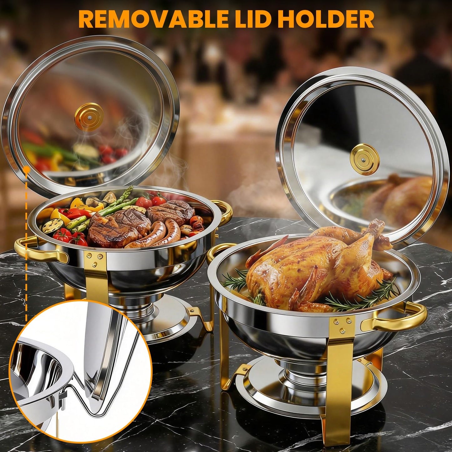 ALSO GO Round Chafing Dishes for Buffet with 4 Serving Tongs, 4 Pack 6QT Chafing Dishes Buffet Set, Golden Stainless Steel Catering Food Warmer for for Party, Gathering,Wedding