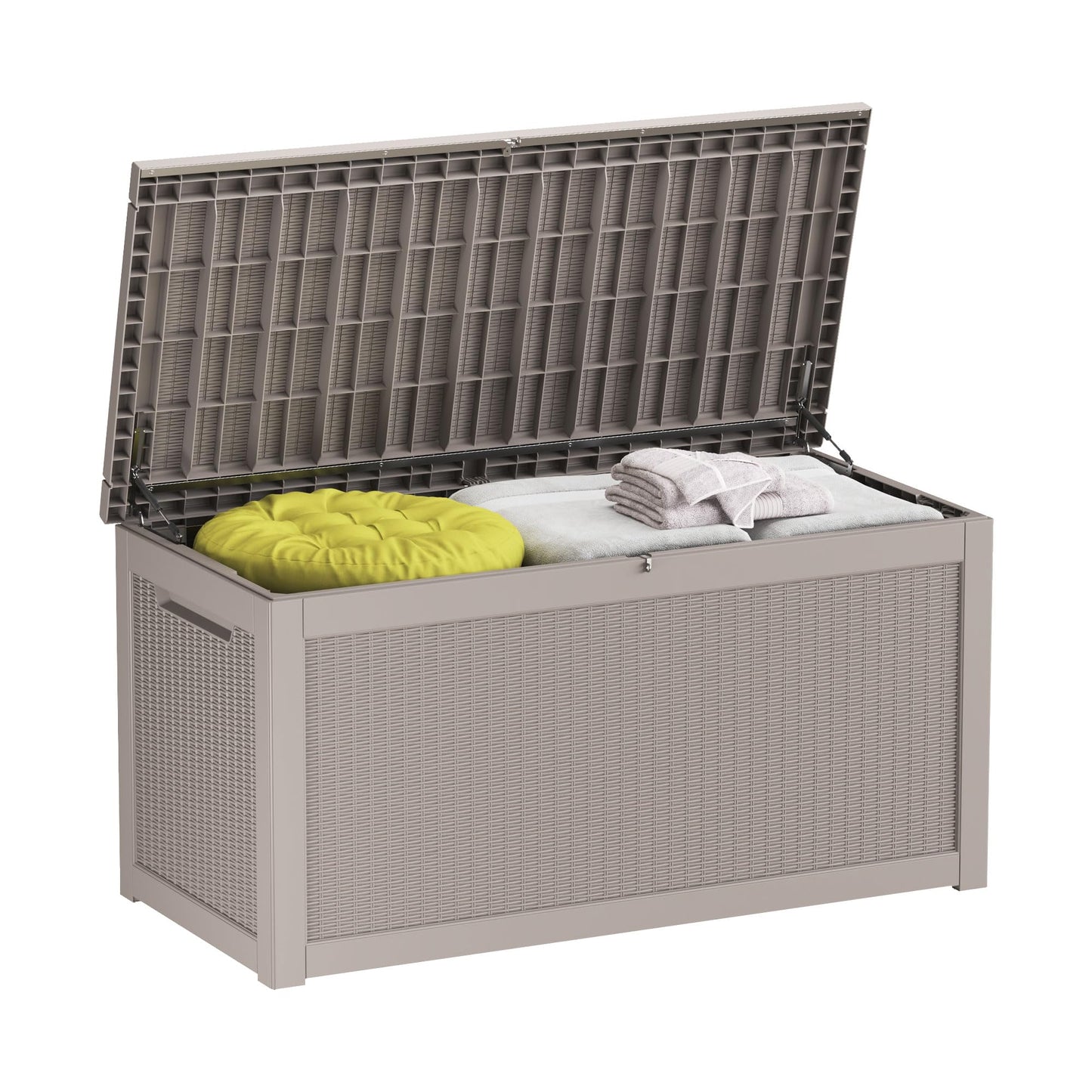 Decksplore Outdoor Storage Box Waterproof, 320 Gallon Lockable Resin Deck Box, Patio Storage Bin for Pool Accessories Cushion Furniture, Garden Tools, UV-Resistant Outside Delivery Grey