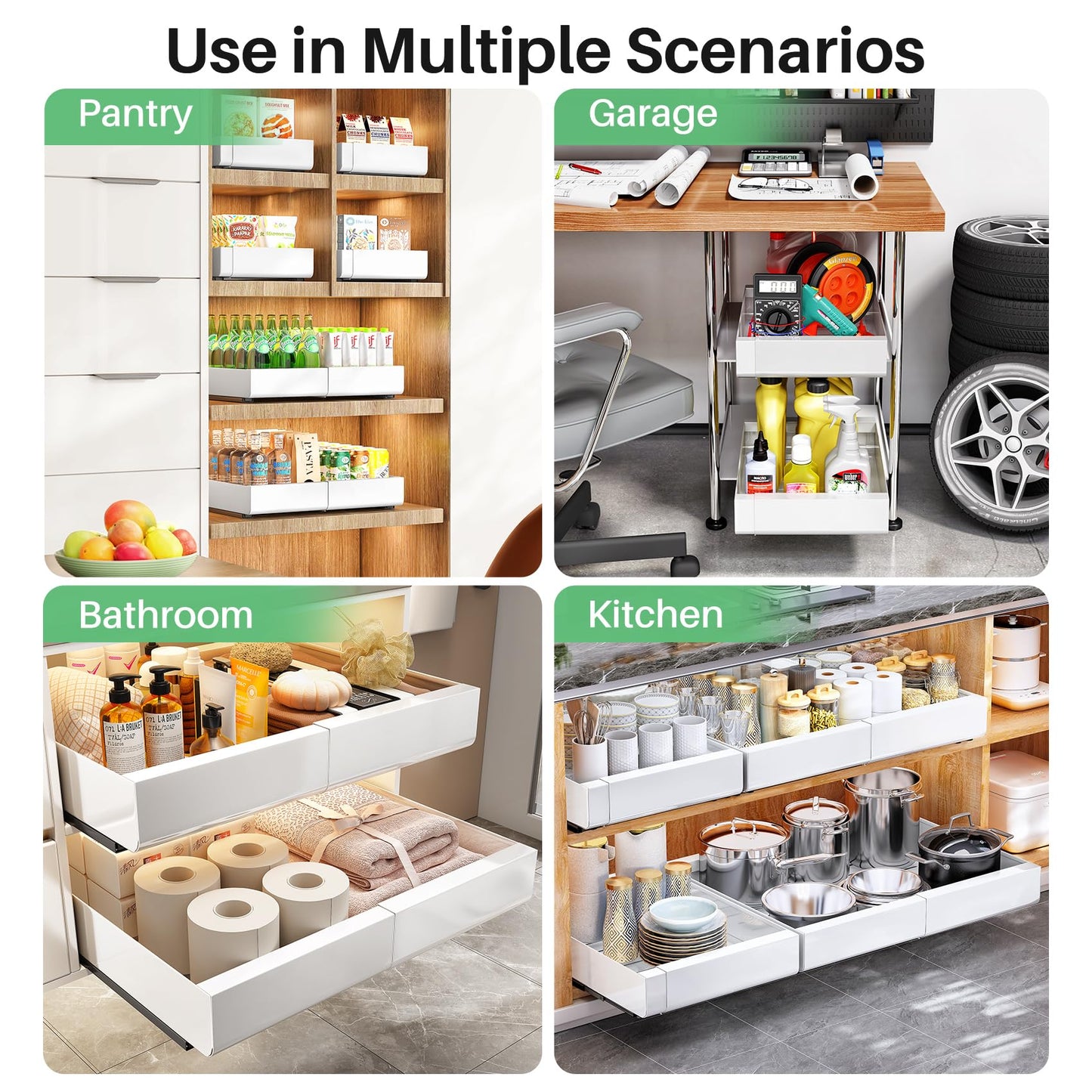Pull out Cabinet Organizer, 2-pack, Expandable(12"-20") Heavy Duty Slide out Drawers Fixed with Adhesive Nano Film for Pots, Roll out Shelf Storage for Kitchen Base Cabinet Organization(3 Rails)