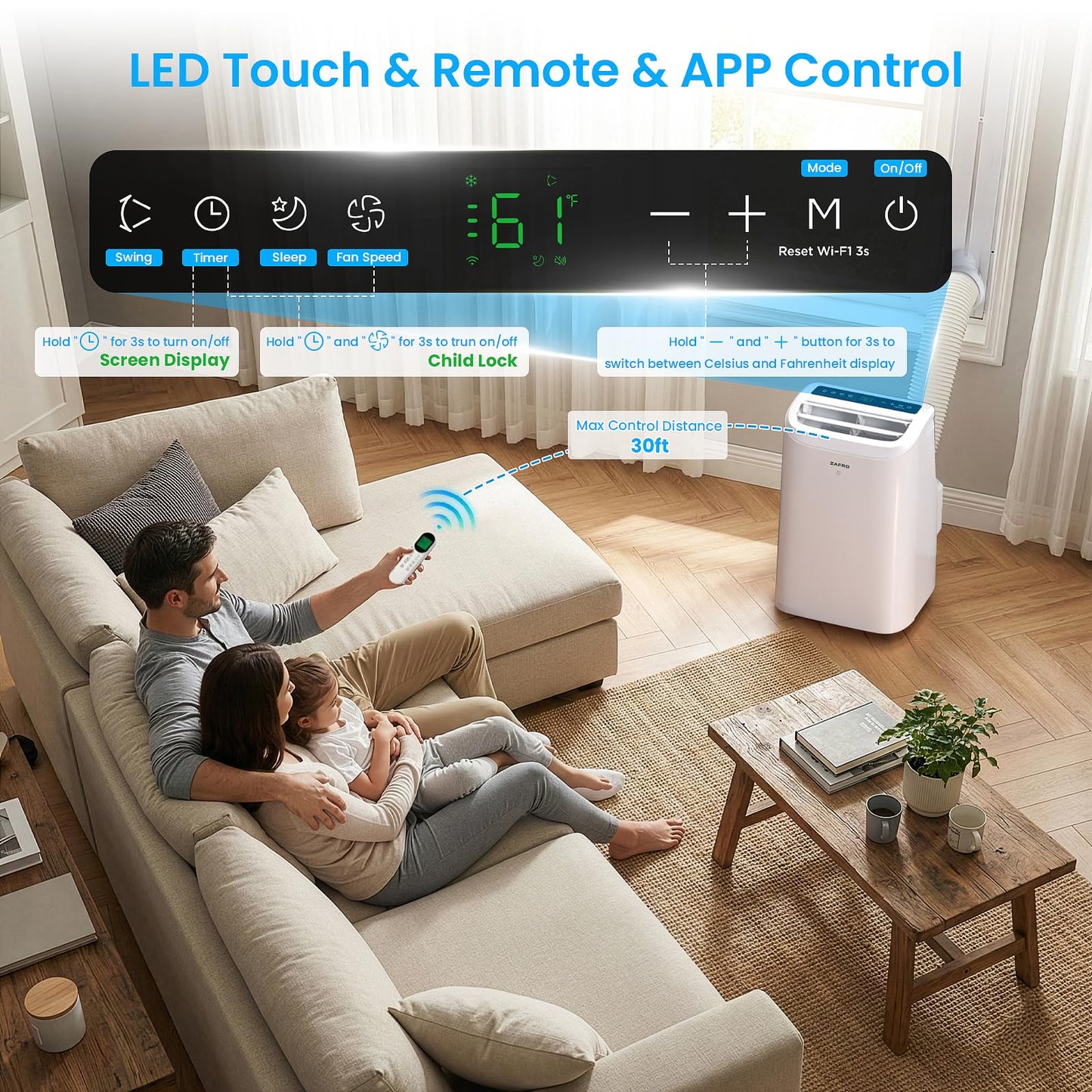 ZAFRO Smart Portable Air Conditioners, 10000 BTU (6000 BTU SACC), Portable AC Unit with Drainage-free Cooling, Fan & Dehumidifier with APP/Remote, Window Kit, 47dB Quiet for Living Room, Bedroom