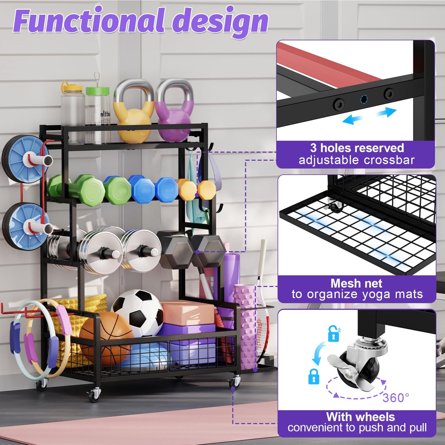 Dumbbell Rack,Home Gym Storage Rack,Total Weight Capacity 490 lbs,Weight Rack with Wheels/Strength Training Equipment Storage Rack with Hooks,Stores Dumbbells,Kettlebells,Yoga Mats