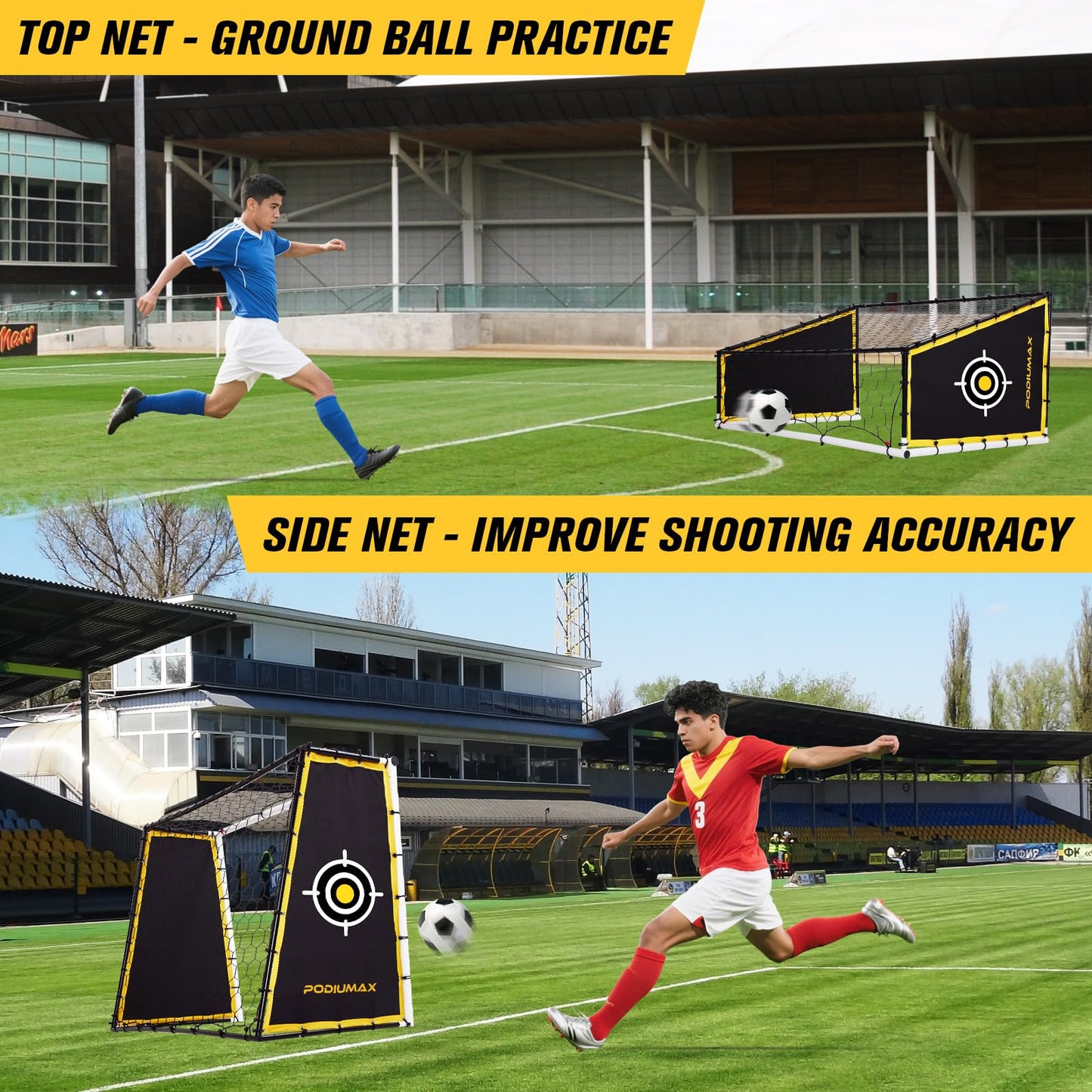 PodiuMax 4 in 1 Soccer Goal & Rebounder, 7x5ft Rebound Net with Upgrade Frame, Steel Ground Pass Net for Backyard Park Field, Soccer Kick Back Trainer for High Passing, Low Passing & Shooting Training