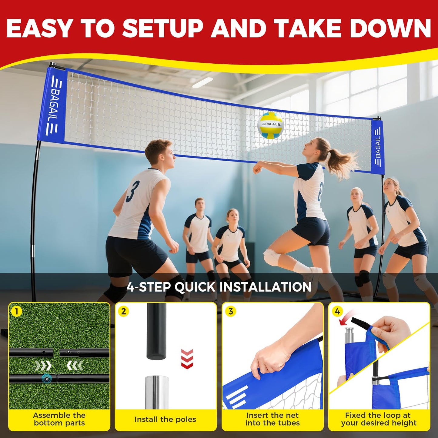 BAGAIL Volleyball Net, 12ft Portable Volleyball Net for Backyard - Adjustable Height, Heavy-Duty Frame, Freestanding Design - Portable Outdoor/Indoor Volleyball Set with Carry Bag - Blue