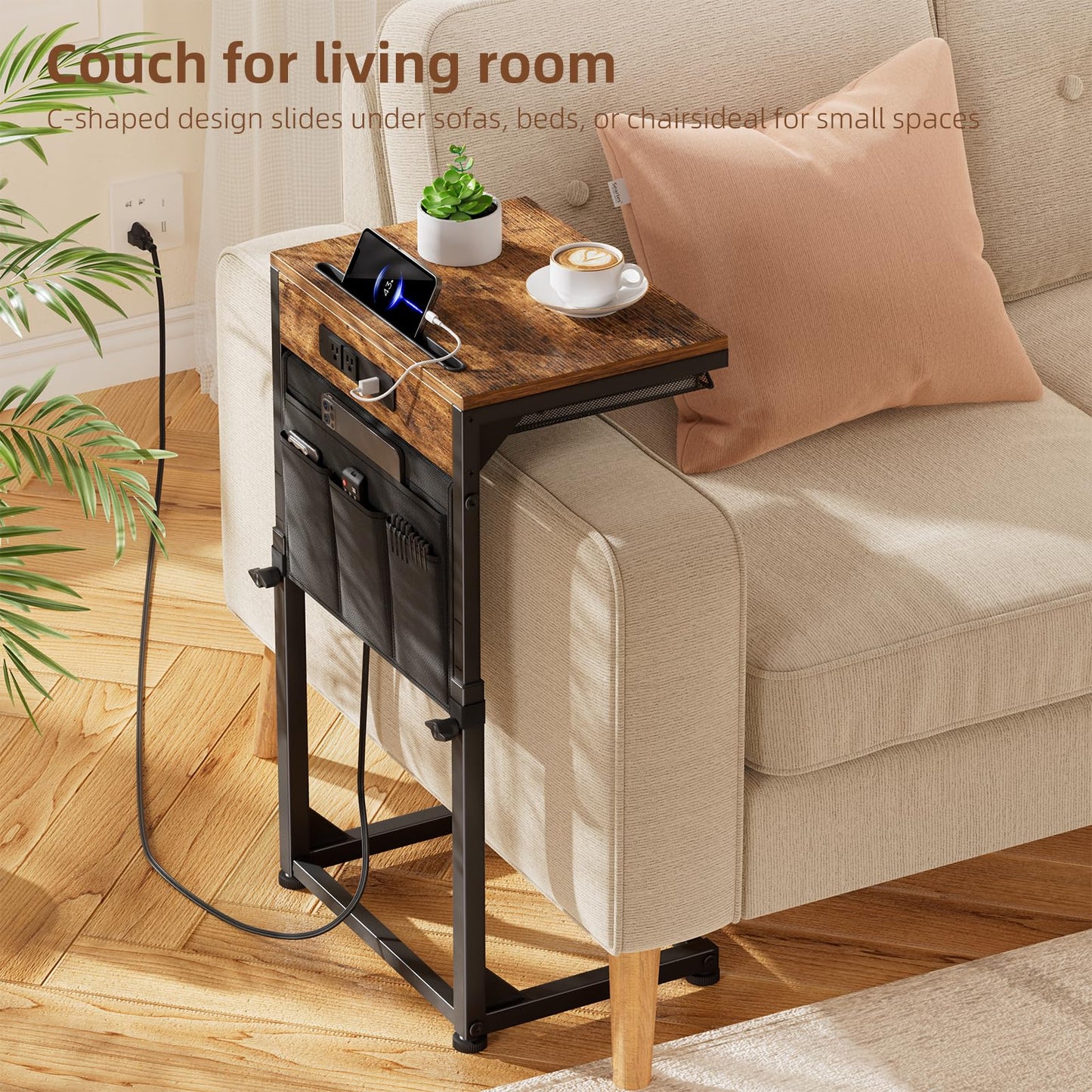 Simple Trending C Shaped End Table with Charging Station, Side Table Adjustable Height, Sofa Couch Table TV Tray with Storage Bag for Living Room, Rustic Brown