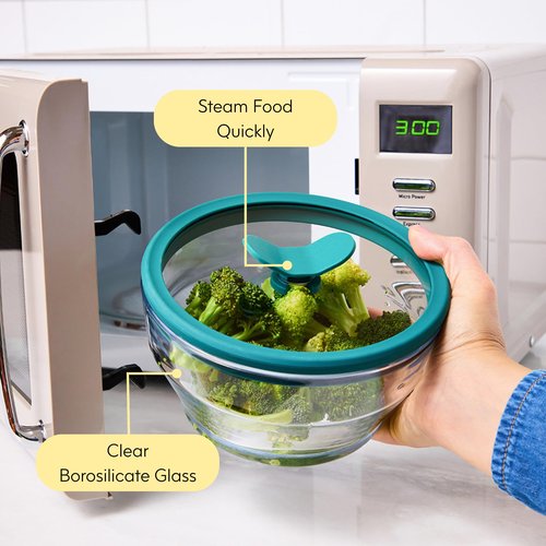 Anyday 4-Cup Glass Food Storage with Glass Lid, Round Shallow Dish | Plastic-Free Meal Prep & Microwave Cookware | Stackable Airtight Storage Container with Vented Lid for Microwave-Safe Reheating