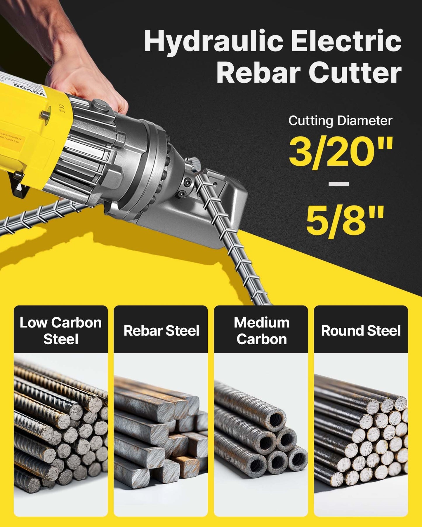 VEVOR Electric Hydraulic Rebar Cutter 900W 110V - Portable, Cuts #5 4-16mm Rebar in 3 Seconds, with Stainless Steel Carry Case