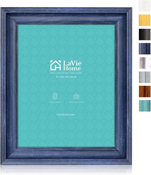 LaVie Home 8x10 Rustic Picture Frame - Tempered Glass for Wall Mount & Table Top Display - Blue