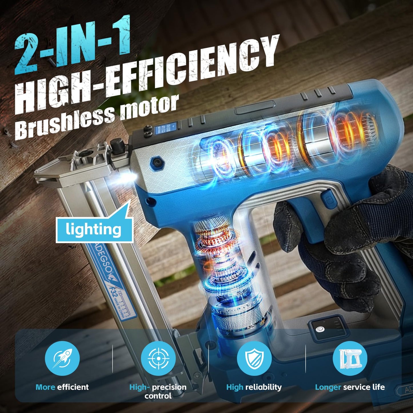 ADEGSO Cordless Brad Nailer Stapler, 18 Gauge 2-in-1 Battery Powered Nail Gun Kit with 2x 2.0Ah Batteries, Fast Charger & 1000 Nails & Staples Included, Ideal for Woodworking, Trim & DIY Projects