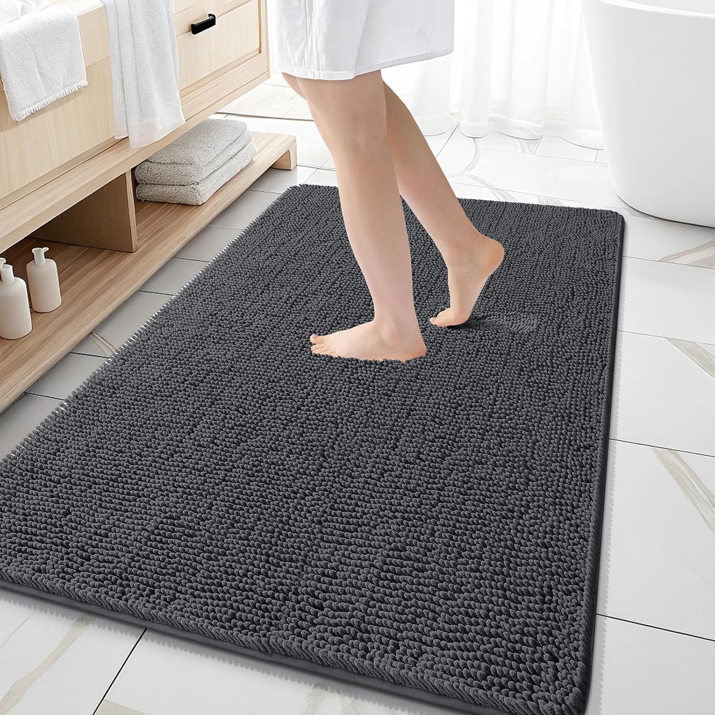 OLANLY Large Bathroom Rugs - Extra Soft Chenille Bath Mats | Quick Dry & Machine Washable, Dark Grey 59x35